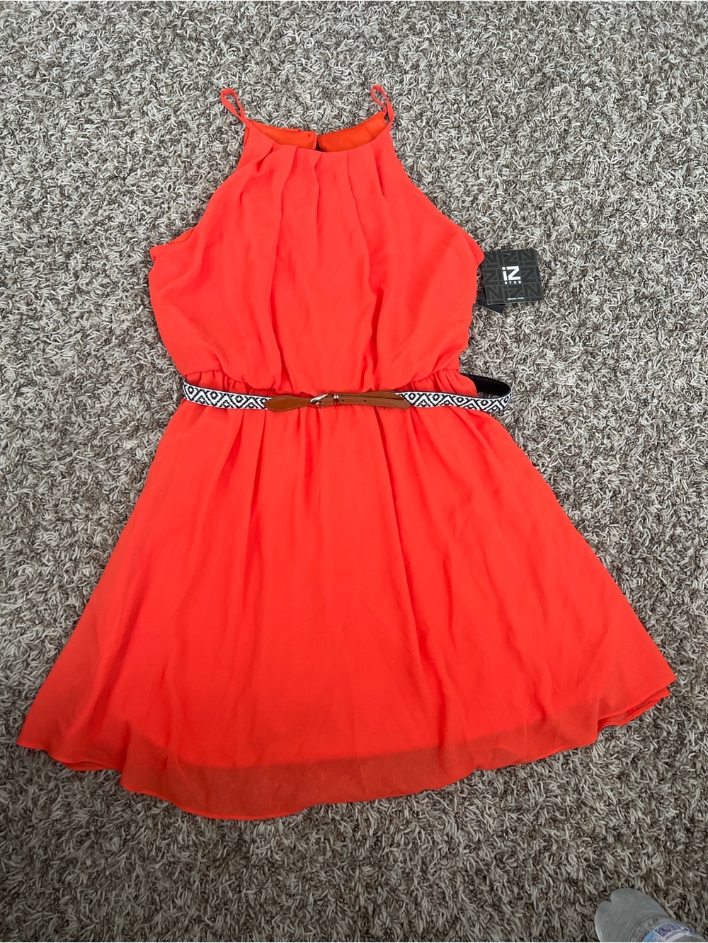 Iz Byer Coral Halter Skater Dress with Patterned Waist Belt